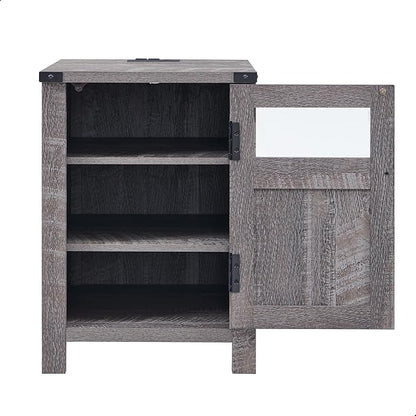 JXQTLINGMU Farmhouse End Table with Charging Station, 18'' Rustic Nightstand with Barn Door & Adjustable Shelf, Wooden Sofa Side Table with 3-Tier Storage for Living Room, Bedroom, Gray