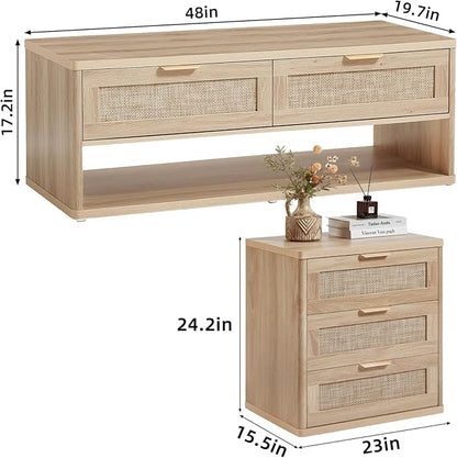 LEYAOYAO Boho Rattan Coffee Table and End Table Sets, 48" Wide Center Tables & 23" Night Stand with 3 Drawers, Natural Wood Coffee Table for Living Room 2 Piece Set