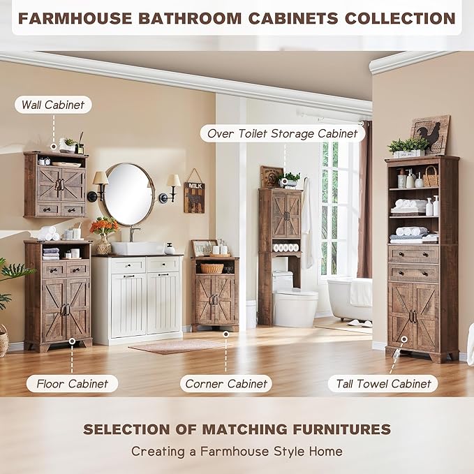 Corner Bathroom Cabinet, Farmhouse Small Corner Cabinet with Barn Door & Adjustable Shelf, Storage Cabinets for Bathroom, Kitchen, Living Room, Rustic Brown