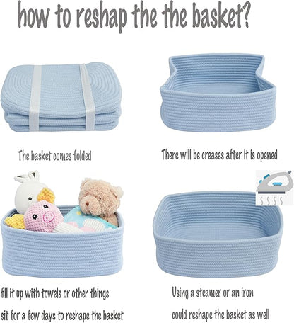 Small Woven Storage Baskets 12“X8”X5“ Decorative Rope Bins for Organizing Shelves, Closets, and Toys, Empty Gift Baskets, Cute Organizer Basket for Home and Office (blue, regular)