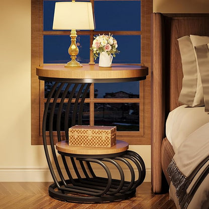 Tribesigns Round End Side Table: Side Table with 2 Tiers Storage Shelves, Vintage End Table for Living Room, Small Bedside Table Accent Table with Arc-Shaped Frame, Light Brown