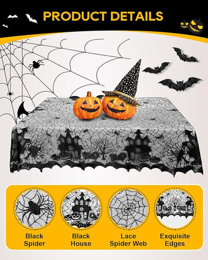 eZAKKA Halloween Table Cloth with 16 Pcs Bats Wall Decor, Spider Web Table Cloth Black Tablecloth Lace Fabric Table Cloths for Rectangle for Parties Gothic Spooky Home Decorations, 53x68 Inch