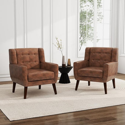 UIXE Faux Leather Accent Chair, Morden Upholstered Armchair for Living Room, Button Tufted Arm Chair Comfy Single Sofa Bedroom Side Reading Seat - Coffee