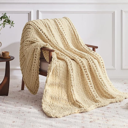 Chunky Knit Throw Blanket, 60''*80'' Knitted Throw Chenille Yarn for Bed Couch, Handmade Oatmeal Crochet Big Thick Blanket, Machine Washable Cute Comfy Blanket for Home Decor