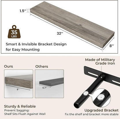 RICHFOCUS 31.5Inch Floating Shelves for Wall 2 Pack Shelves for Bedroom|Kitchen|Bathroom Wall Mounted Rustic Wood Floating Shelf with Invisible Brackets for Books|Storage|Decor, Grey