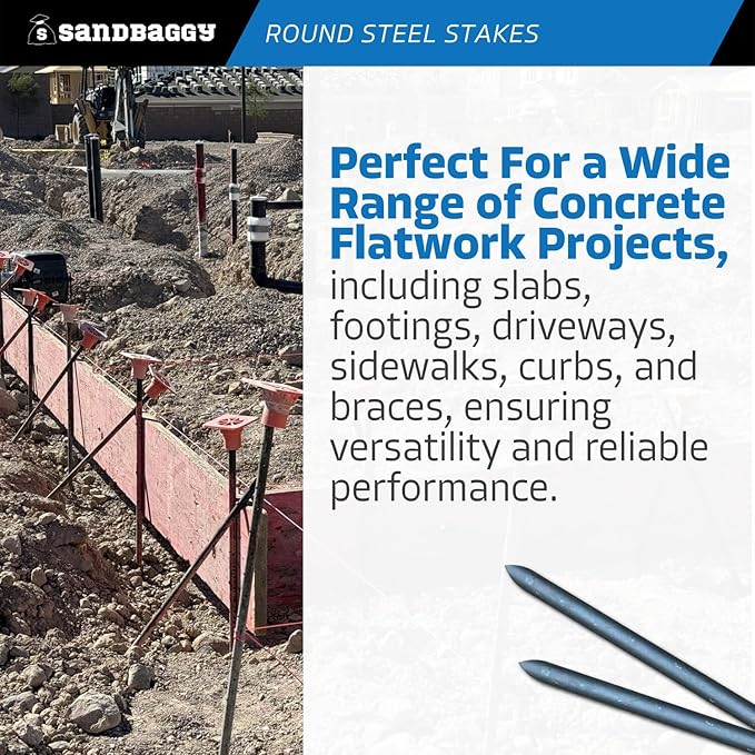 Sandbaggy Round Steel Concrete Form Stakes with Nail Holes - Rust Resistant Coating - Removable, Reusable (100, 3/4 in X 24 in)