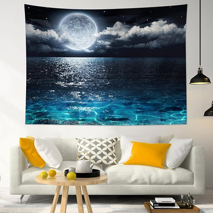 LB Blue Ocean Moon Tapestry White Cloud and Full Moon Over Ocean Tapestry Wall Hanging Fantasy Night Sky Wall Art for Bedroom Living Room Dorm Wall Decor,80 x 60 Inches