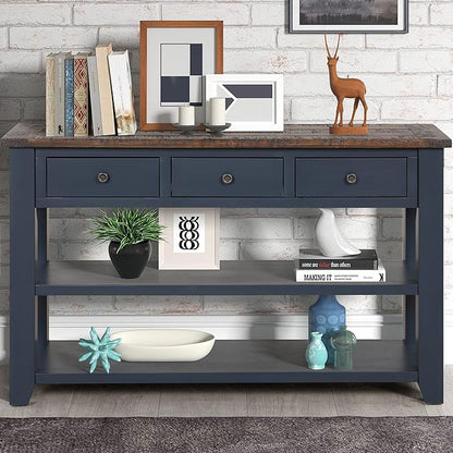 Farmhouse Wood Entry Console Table 48-Inch Modern Sofa Entryway Table with Drawers and Storage Shelves for Entrance Living Room (Blue)