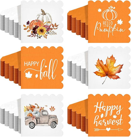 150 Pcs 5 x 5 Inches Fall Thanksgiving Paper Napkins Autumn Pumpkin Scalloped Cocktail Napkins for Decoupage Disposable Autumn Harvest Party Supply Bathroom Table Dessert Dinner Wedding Decor