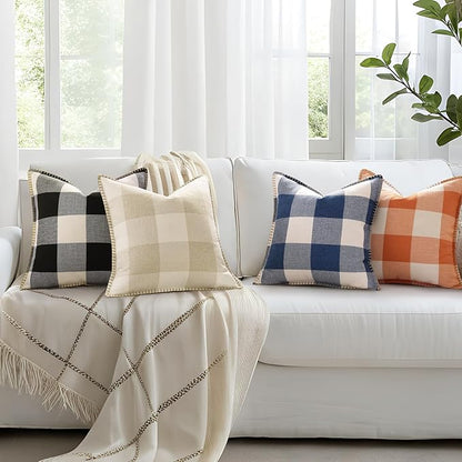 decorUhome Buffalo Plaid Check Throw Pillow Covers 20x20 Set of 2, Outdoor Decorative Farmhouse Neutral Pillow Covers with Stitched Edge for Bed Couch Sofa, Navy Blue and White