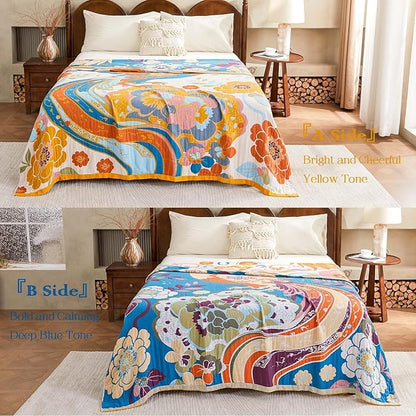 Boho Throw Blanket, Lightweight Blankets for Summer, 100% Cotton Bohemian Decorative Throw Blanket, 60"x80" Reversible Muslin Breathable Woven Farmhouse Blankets Quilt,