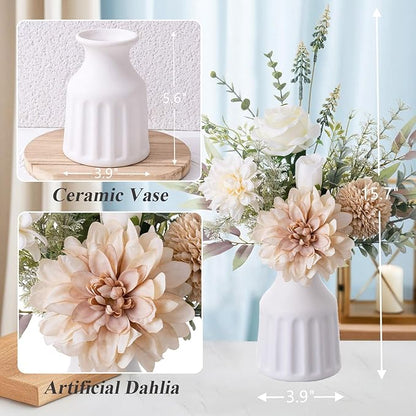 Fake Flowers in Vase, Artificial Flowers with Vase, 15.7'' Floral Arrangements for Dining Table Centerpiece Decor, Silk Roses & Faux Dahlia Bouquet for Farmfouse Kitchen Coffee Table Decor (White)
