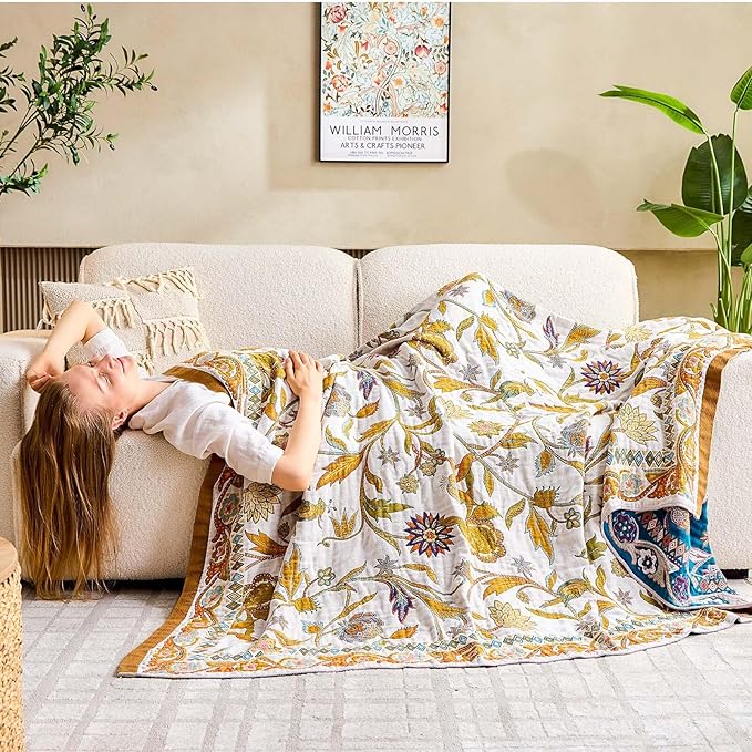 Fall Throw Blanket for Couch, Brown Boho Decorative Throw Blanket, 100% Cotton Muslin Breathable Woven Farmhouse Blankets Quilt, 90"x98" Reversible Lightweight Blankets Bohemian Throw Quilt