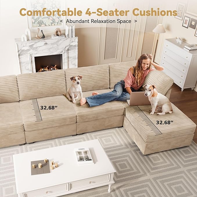 Modular Sectional Sofa with Chaise U Shaped Sectional Couch for Living Room, 8-Seater Comfy Cloud Couches, Plush Corduroy, Beige