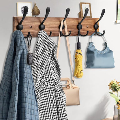 2pcs Coat Rack Wall Mount Wooden Hat Rack for Wall Hooks Pine Real Wood Plank 16.9" Brown Coat Hanger with 5 Triple Hooks for Hanging Coat Hat Jacket