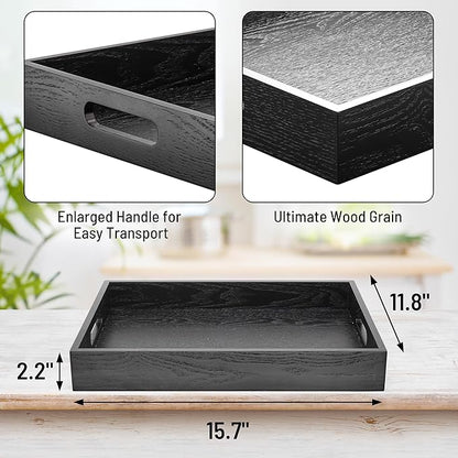 Wood Serving Tray with Handles, Home Decorative Wooden Rectangle Ottoman Decor Platter Vanity Tray for Breakfast Dinner Drinks Kitchen Dining Living Bathroom Restaurants Black