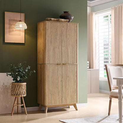 OKD Fluted Kitchen Pantry, 72" Tall Mid Century Modern Storage Cabinet with Adjustable Shelves & Door Organizer, Wood Cabinet for Kitchen, Living Room, Natural Oak