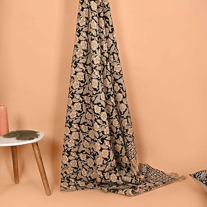 Handmade Cotton Throw Blanket 55x80 Inches | Black & Beige Floral Block Print Decorative Sofa Throw with Tassels | Large Lightweight Cotton Bedspread for Living Room, Couch, or Bedroom