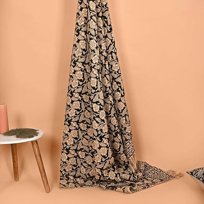 Handmade Cotton Throw Blanket 55x80 Inches | Black & Beige Floral Block Print Decorative Sofa Throw with Tassels | Large Lightweight Cotton Bedspread for Living Room, Couch, or Bedroom