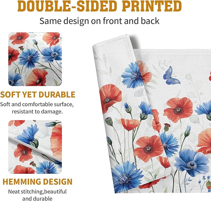 4th of July Floral Placemats Set of 4 Patriotic Summer Red Blue Flowers Linen Fabric Table Mats America Memorial Day Independence Day Place Mats for Party Kitchen Dining Decoration