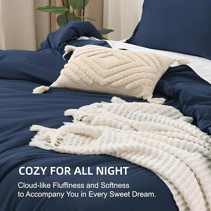 Litanika Navy Blue Comforters Oversized King Size, 3 Pieces Lightweight Solid Bedding Comforter Set, All Season Fluffy Bed Set (120x98In Comforter & 2 Pillowcases)