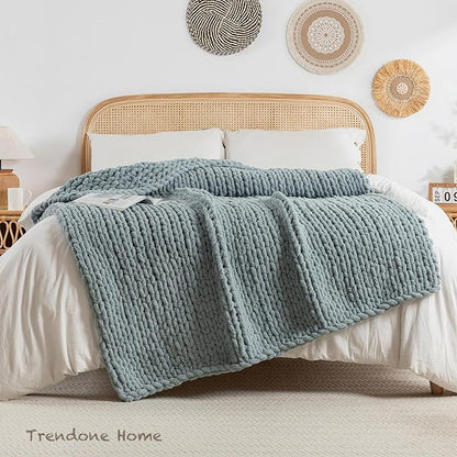 Chunky Knit Blanket Throw, 100% Hand Knit Throw Blanket Handmade Chenille Cable Knit Throw for Couch, Stylish Cozy Soft Rope Knot Crochet Blanket for Home Decor, Chambray Blue, 50x60 Inches