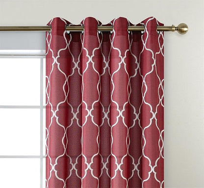 MIUCO Moroccan Embroidery Semi Sheer Curtain Panels Faux Linen Grommet Curtains for Kids Room 52 x 95 Inch 2 Panels, Burgundy