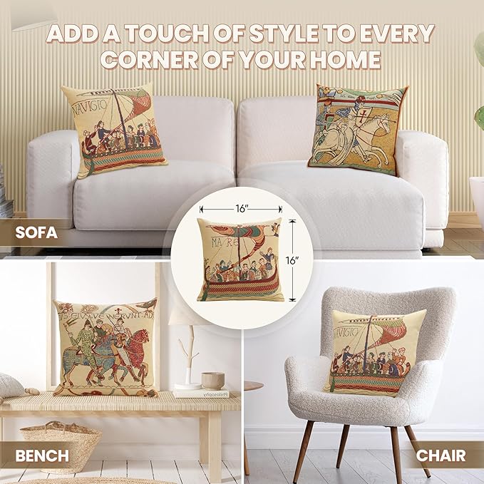 Charlotte Home Furnishings Bayeux Mare Throw Pillow Cover 16" x 16" – Medieval Ship Decorative Tapestry Cushion Case for Sofa, Couch, & Bed | Cotton Jacquard Woven in Europe | Insert Not Included