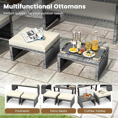 Tangkula 2 Pieces Patio PE Rattan Ottomans, Multipurpose Outdoor Footstool Footrest Additional Seating Side Table with Soft Zippered Cushions for Deck, Garden, and Yard (White)