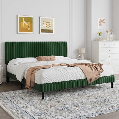 King Size Bed Frame, Velvet Upholstered Platform Bed with Vertical Channel Tufted Headboard and Footboard, No Box Spring Required, Easy Assembly, Green