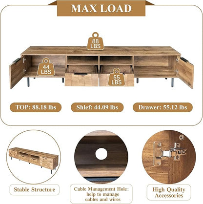 Modern TV Stand for TVs up to 85", Mid-Century Media Console with Checkered Cabinet Doors, Storage Drawers & Open Shelves, Wood Entertainment Center with Metal Legs