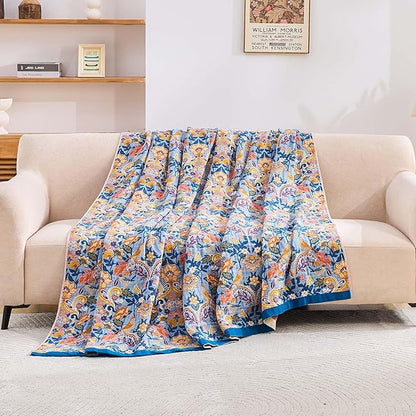 Boho Throw Blanket for Bed, 100% Cotton Soft Rustic Quilt Fall Blanket, 50"x60" Floral Printed Farmhouse Decor Bed Blankets, All Season Rustic Reversible Bohemian Throw Quilt