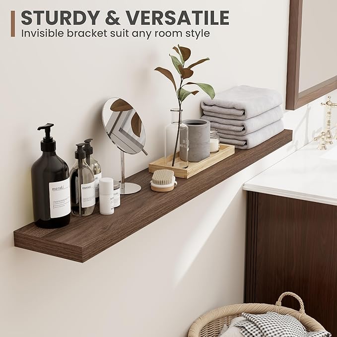 30 Inch Floating Shelves, 8 Inch Deep Floating Shelves for Wall, Hanging Shelf with Invisible Brackets, Deep Shelves for Bathroom, Bedroom, Living Room, Walnut, Set of 2