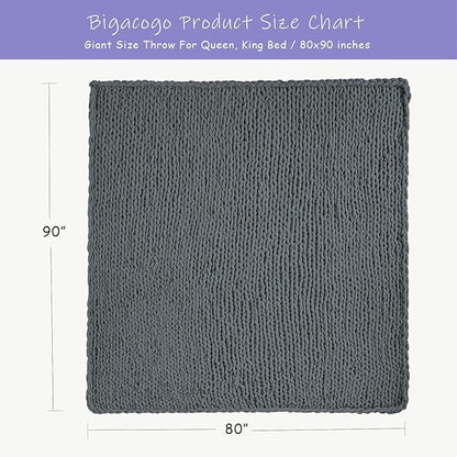Bigacogo Chunky Knit Throw Blanket for Couch, 80x90 inches, 100% Hand Knitted with Thick Jumbo Chenille Yarn, Cozy Soft Large Rope Knot Cable Crochet Blankets for Sofa Bed Living Room, Iron Gray