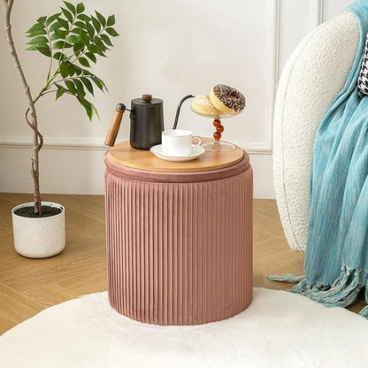 Ottoman with Storage Set of 2, Velvet Storage Ottoman, Upholstered Sponge Vanity Stool Support 300lbs, Multifunctional Coffee Table Foot Rest Ottomans for Living Room Bedroom, Pink