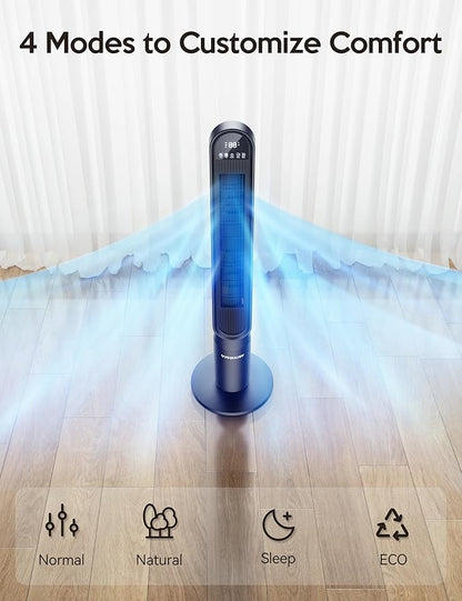 VAGKRI 42 Inch Tower Fan for Bedroom, Bladeless Quiet Floor Fan with 135° Vertical 90° Oscillation Fans for Indoors use, 4 Speeds, 4 Modes, 15H Timers Standing Fans with Remote Black