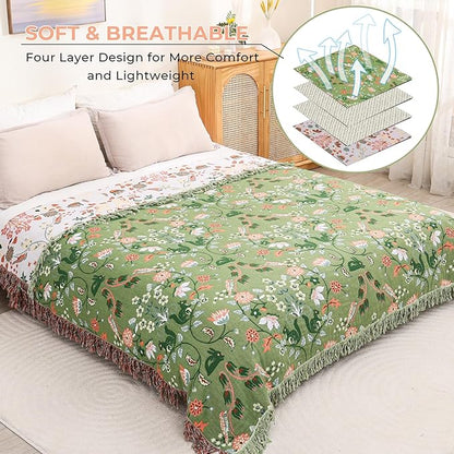 Boho Ultra Soft Throw Blanket 60''x80',100% Cotton Blankets for Couch Bed,Squirrel Farmhouse Home Decor Bed Blankets, All Season Rustic Reversible Bohemian Lightweight Throw for Bed -Light Green ﻿