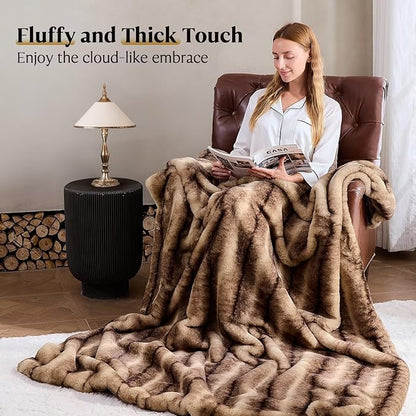 Luxury Faux Fur Blanket - Soft Warm Plush Blankets for Couch Sofa Bed, Fluffy Thick Throws for Bedroom, Office, Living Room, Decorative Reversible, Not Easy to shed - 70"x90", Brown