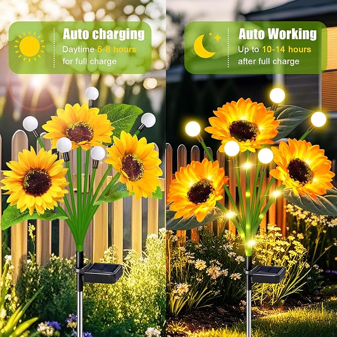 TEDOF Solar Sunflowers & Firefly Lights Solar Outdoor Waterproof - All Weather Sway Lights for Gardens Gifts for Women,Sunflower Decorations for Patio Yard Lawn