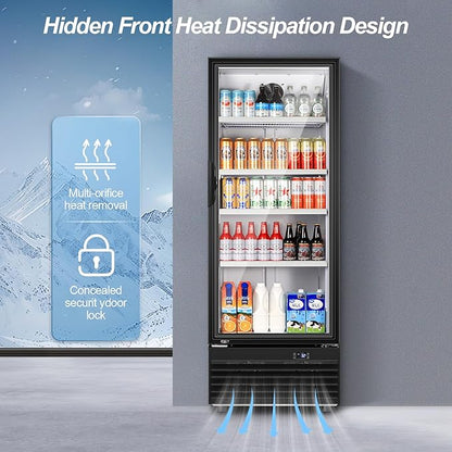 Tylza Commercial Refrigerator with Glass Door Display Beverage Fridge, 350L Upright Beverage Cooler Merchandiser with Rebound Door, Fast Cooling, Low Noise, Black