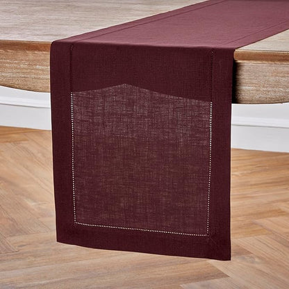 Solino Home Linen Burgundy Table Runner 132 Inches Long - 100% Pure Linen Extra Long Table Runner 14 x 132 Inch for Fall, Autumn, Thanksgiving - Classic Hemstitch