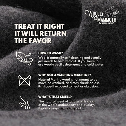 Woolly Mammoth Woolen Company Camping Wool Blanket - 66 in x 90 in Black & Cream Plaid - Heavyweight Merino Wool Outdoor Throw Blanket & Bedroll - Insulating Warm for Winter, Picnic & Travel