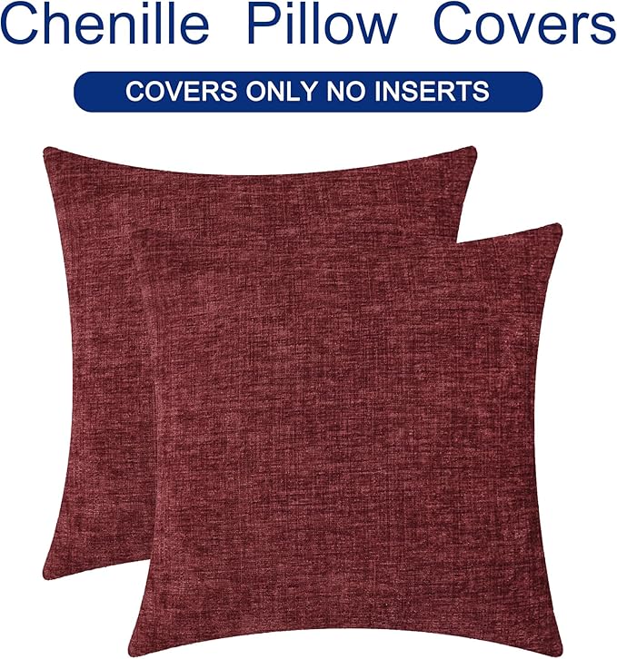 CaliTime Throw Pillow Covers Decorative 22 X 22 Inches Pack of 2 Cozy Chenille Cushion Cases for Couch Sofa Bed Living Room Home Burgundy
