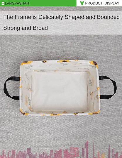 LANGYASHAN Rectangular Storage Bin Collapse Canvas Fabric Cartoon Storage Basket with Handles for Organizing Home Kitchen Boys and Girls Toys Office Closet Shelf Baskets(Rec Sunflower)