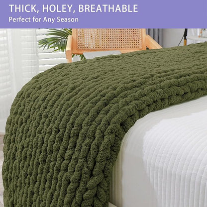 Bigacogo Chunky Knit Throw Blanket for Couch, 40x40 inches, 100% Hand Knitted with Thick Jumbo Chenille Yarn, Cozy Soft Large Rope Knot Cable Crochet Blankets for Sofa Bed Living Room, Yellow Green
