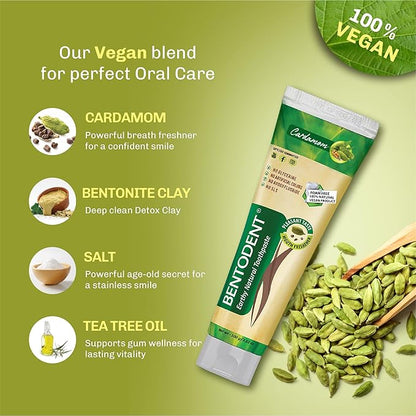 BENTODENT Fluoride Free Remineralizing Calcium Bentonite Clay Toothpaste - Cardamom Flavor Natural Toothpaste, Mint-Free, 3.52 oz - Ideal for Sensitive Teeth & Whitening with Toothbrush