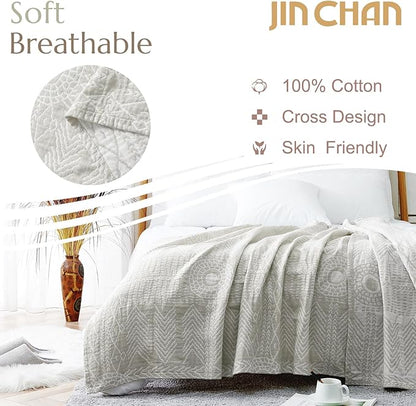 JINCHAN Boho 100% Cotton Muslin Blanket 3-Layer Queen Size 80x90 Inches Geometric Light Grey Lightweight Reversible Soft Comfy Throw for Couch Sofa Bed Coverlet Quilt Large Blanket Bedroom All Seasons