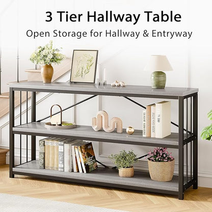 LVB Long Console Table with Storage, Farmhouse Rustic Skinny Entryway Table, Modern Wood Metal Hallway Sofa Table with Shelf, Industrial Narrow Couch Entry Table for Foyer Living Room, Light Grey, 63