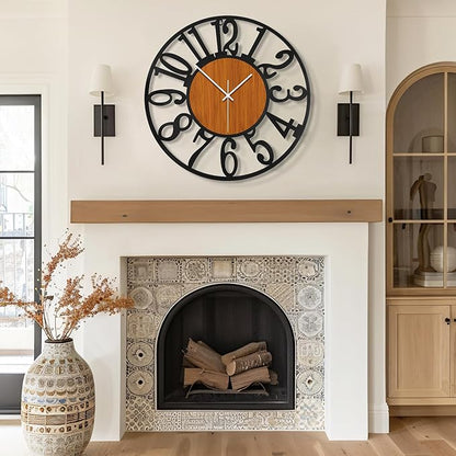 Maxstar Round Wall Clock for Living Room Decor Battery Operated Non Ticking Black Metal Wood Clocks for Home Living Room Garden Office Kitchen Decoration -20 inch
