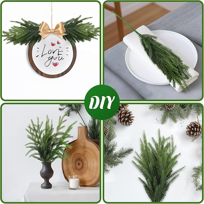 WeGuard 16 Pcs Real Touch Artificial Norfolk Pine Branches, 18 Inches Faux Cedar Pine Stem Fake Christmas Greenery Picks for Vase DIY Garland Wreath Christmas Decor Home Decor